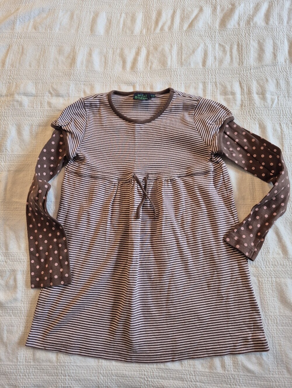 Mini Boden girls 9/10 years long sleeve shirt brown & pink stripes dots VGUC